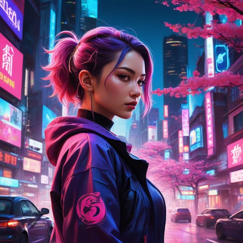 A captivating collage that seamlessly blends elements of graphic novels and adult animations. Include a dynamic character with exaggerated features, set against a backdrop of vibrant cityscapes infused with anime-style colors. Showcase iconic symbols of erotic anime like cherry blossoms, abstract shapes, and playful expressions. Emphasize a sense of movement and energy throughout the artwork, with a contrasting blend of light and dark tones. vibrant colors. cyberpunk.