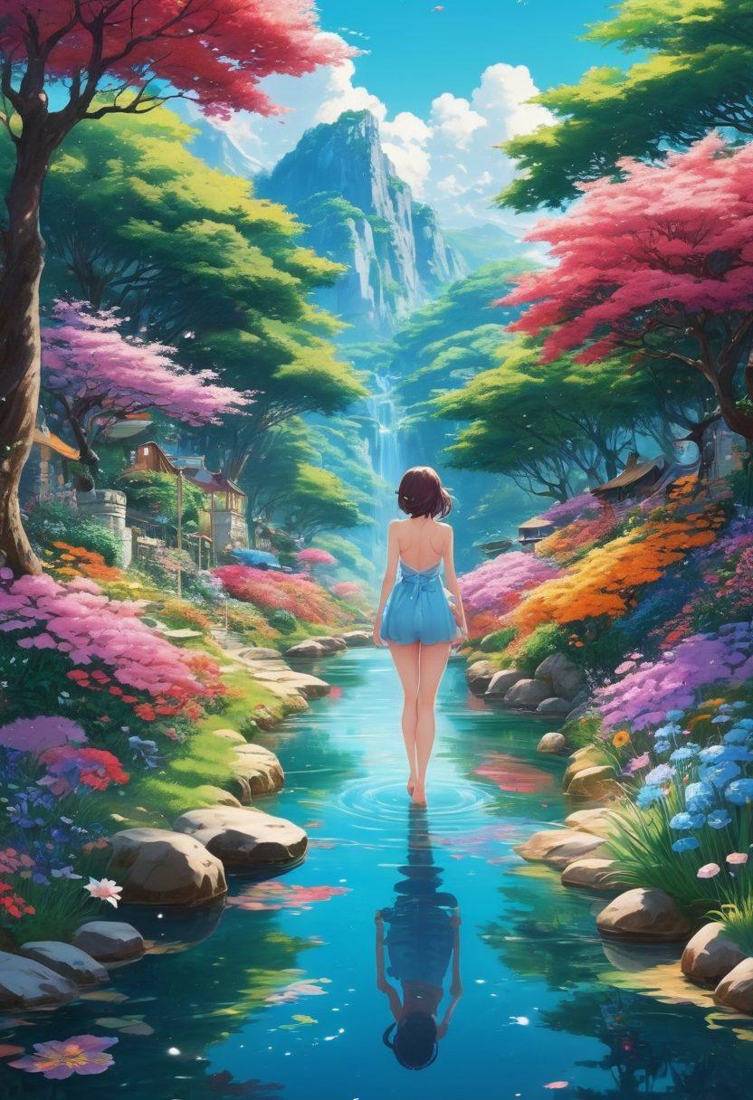 A vibrant, colorful landscape of a fantastical anime world filled with playful and alluring characters engaged in various erotic adventures. The characters showcase a variety of styles, from bold outlines to soft pastel colors, set against a backdrop of lush, mystical scenery with bright, whimsical elements such as oversized flowers and sparkling streams. The scene captures a balance between fantasy and sensuality, inviting viewers into a realm of adult manga. vibrant colors. anime style. 3D effect.